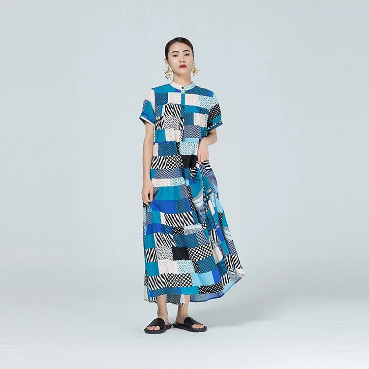 Vintage Half Stand Collar Multicolor Quadrilateral Printed Short Sleeve Dress 