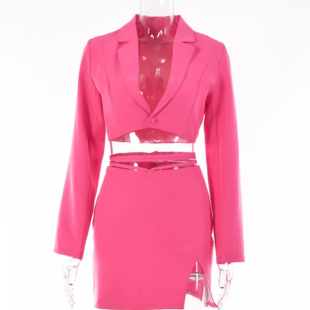 Yimunancy 2-Piece Blazer Sets V Neck Cropped Blazer + High Waist Skirt 2021 Autumn Button Notched Lace Up Matching Set