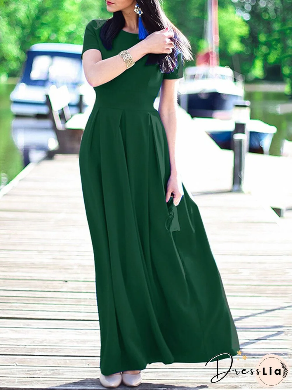Solid Short Sleeve Pocket Crew Neck Maxi Dress