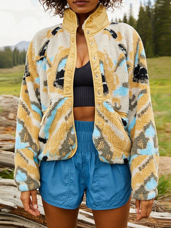 lambswool colour blocking short jacket outdoor minimalist