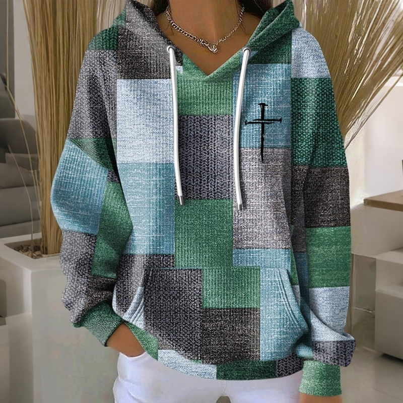 Women's Retro Geometric Faith Print Long Sleeve Casual Hoodie wearshes