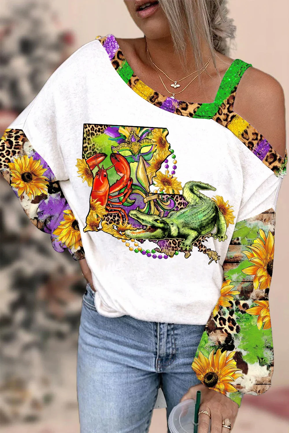 Louisiana Map With Mardi Gras Crocodile Crawfish Western Sunflower Leopard Print Off-Shoulder Blouse