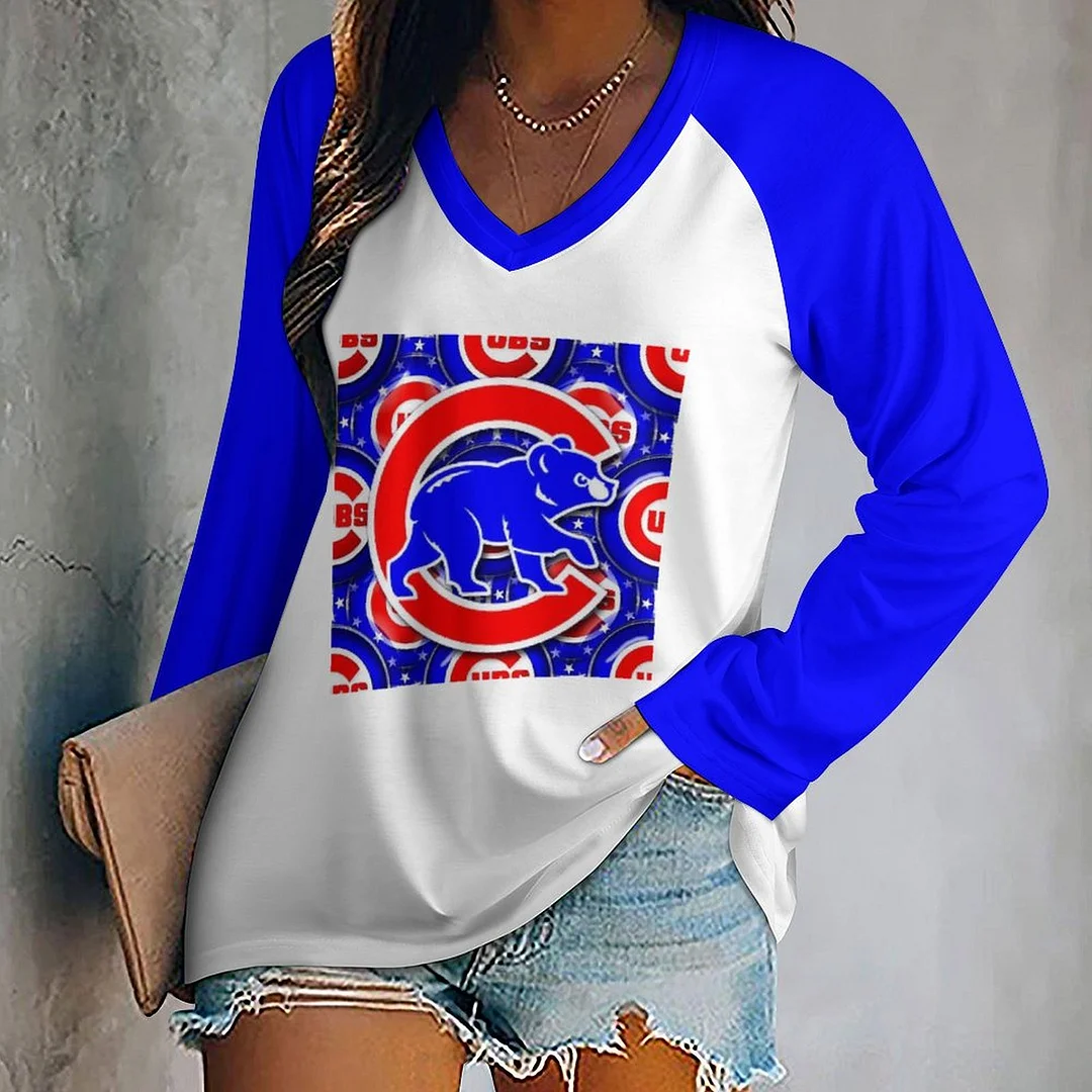 V-neck Long Sleeve Casual T-shirt for  Women and Men Printed with Pattern,Blue,Red