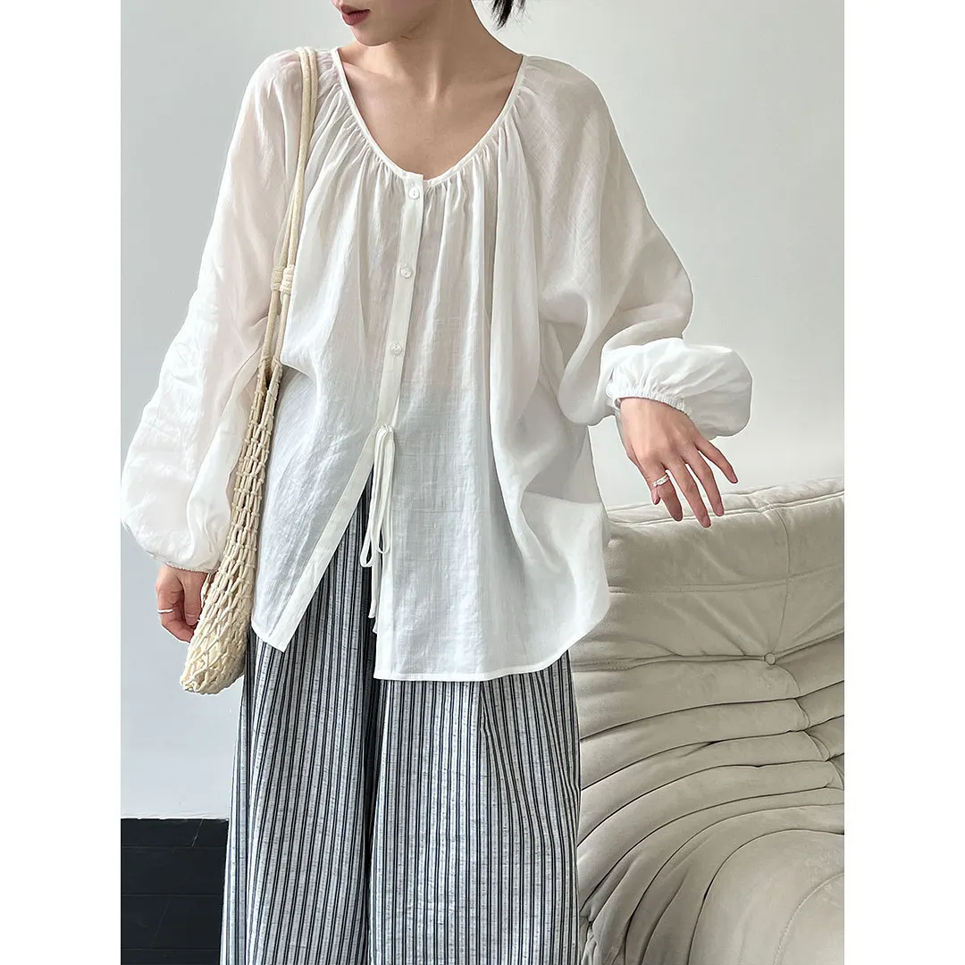 Women's Linen Gathered U Neck Bubble Sleeve Drawstring Loose Blouse