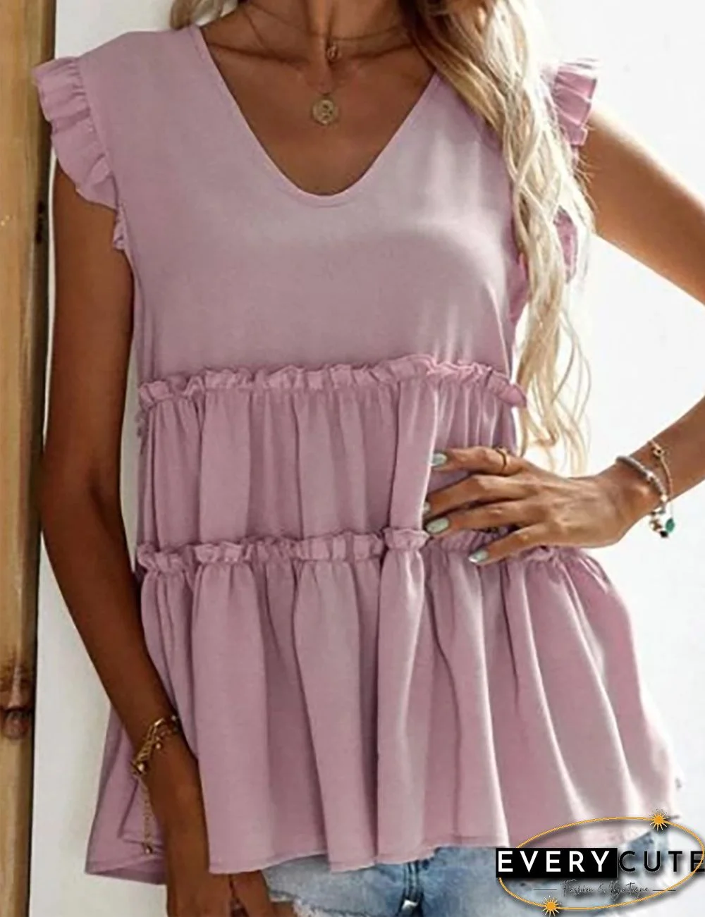Light Pink V Neck Ruffles Sleeveless Tank Top