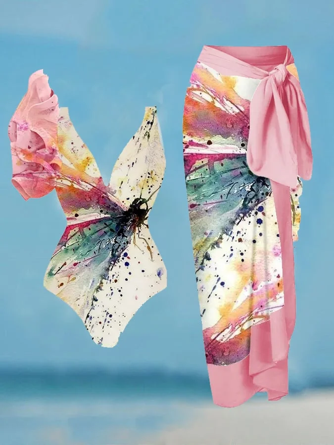 Women's Watercolor Dragonfly Print Resort Swimsuit Set