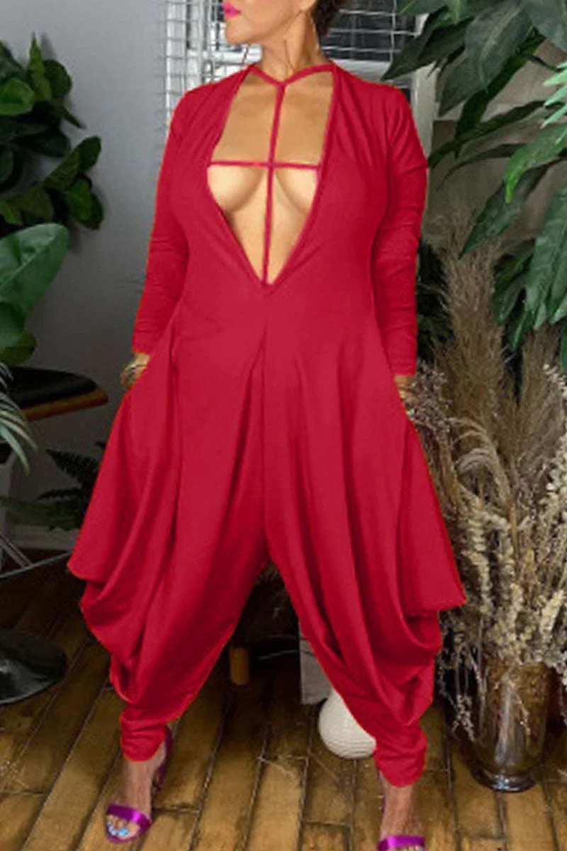 Sexy Solid Hollowed Out Patchwork V Neck Loose Jumpsuits