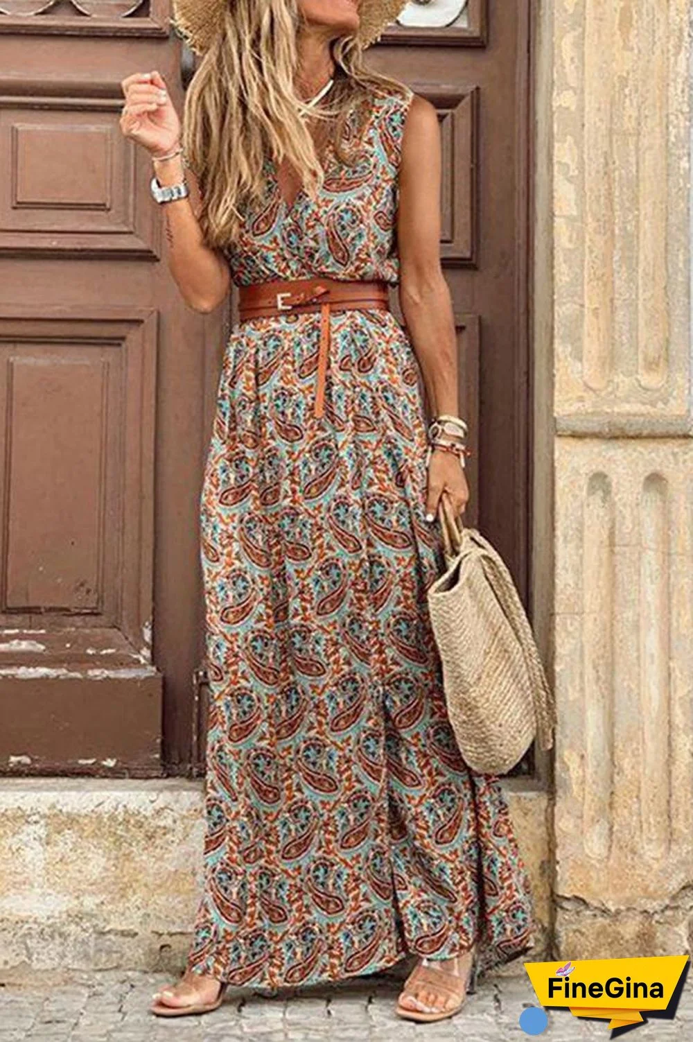 Boho Style Sleeveless Print Dress P10332