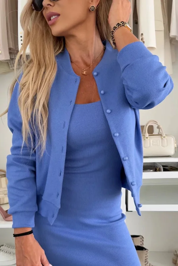 Comfort and Femininity Knit Ribbed Button Up Long Sleeve Bomber Jacket