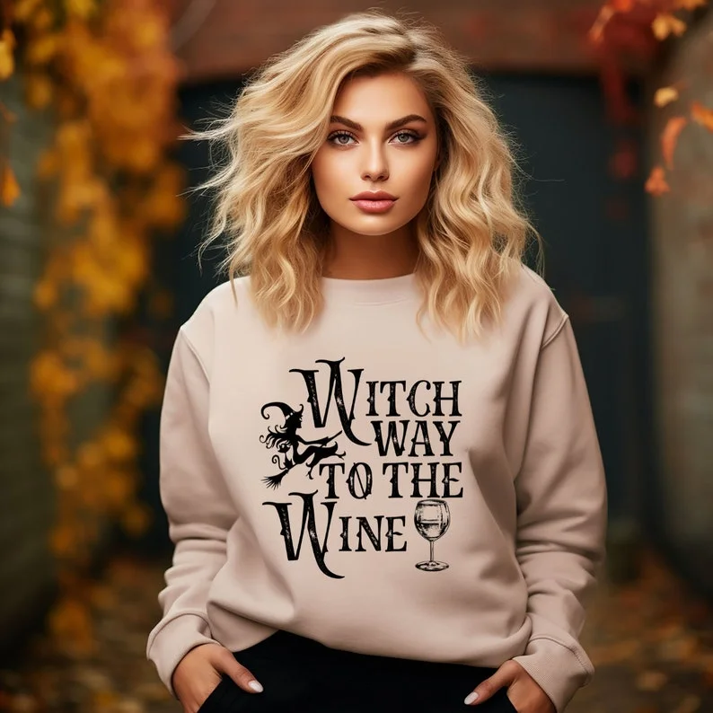 Witch Way to the Wine Sweatshirt, Halloween Sweatshirt, Funny Halloween Sweatshirt, Halloween Party Sweatshirt