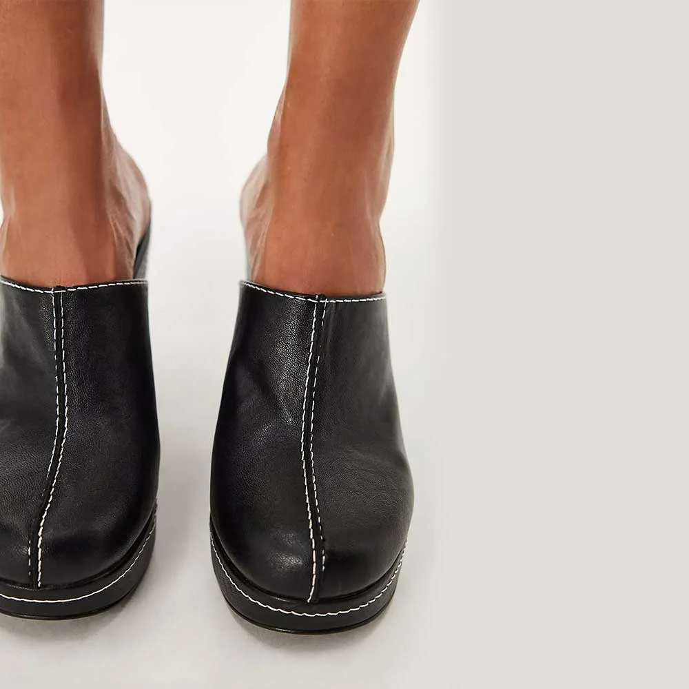 Black Round Toe Platform Slip On Heeled Mules with Stitching