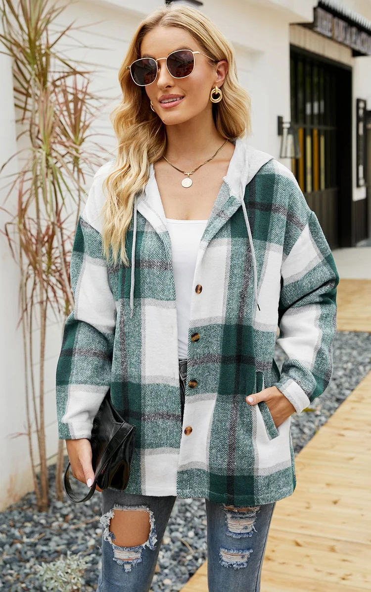 Women's Plaid Shirt Hooded Check Shirt Long Sleeve Pocket Shirt Jacket