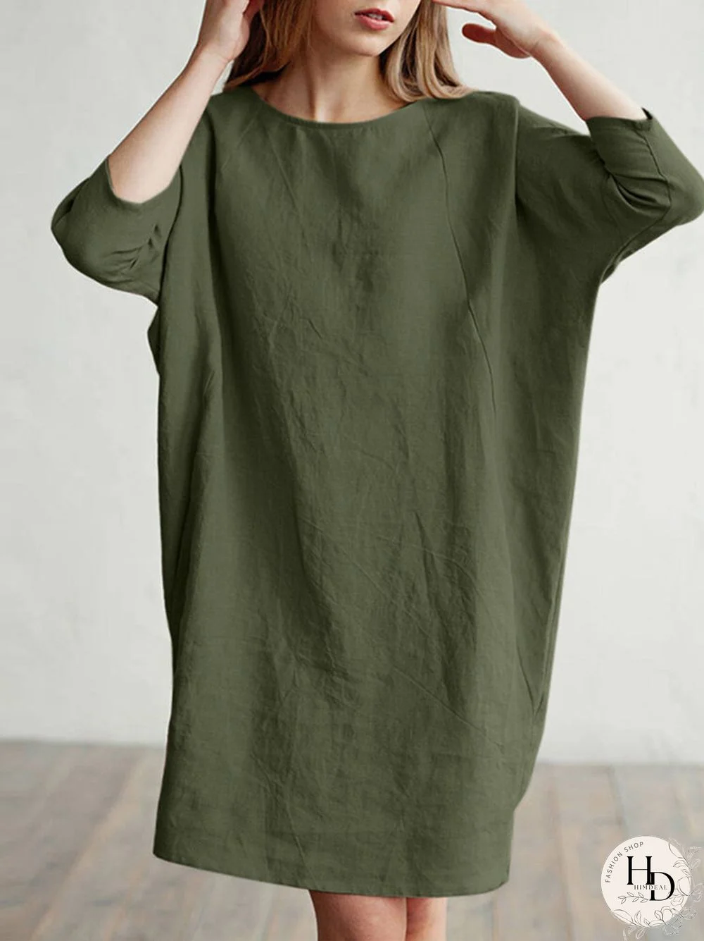 Solid Color 3\/4 Sleeve O-neck Pocket Cotton Dress