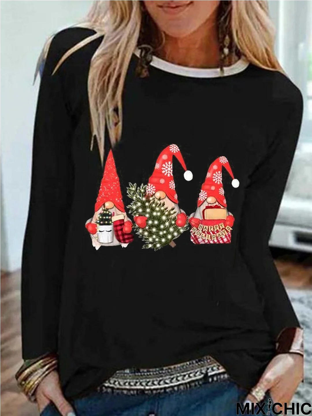 Casual Long Sleeve Crew Neck Printed Top