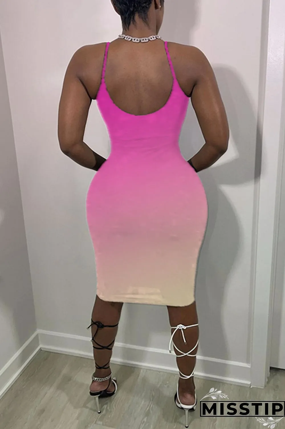 Pink Sexy Casual Gradual Change Print Backless Spaghetti Strap Sleeveless Dress