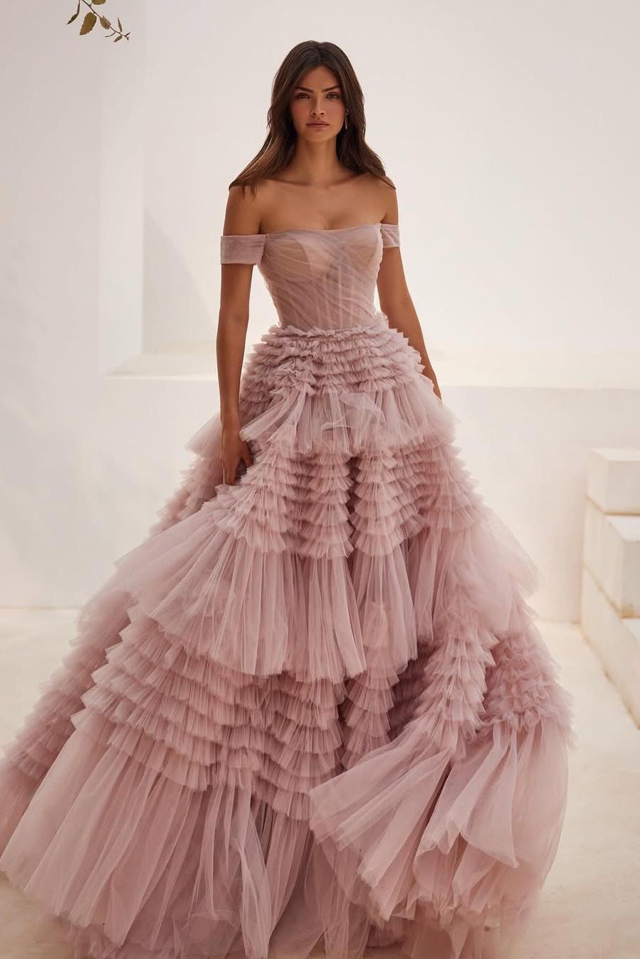 Amazing Blushing Pink Off the Shoulder Tulle Puffy Prom Dress with Ruffles | MS0487 