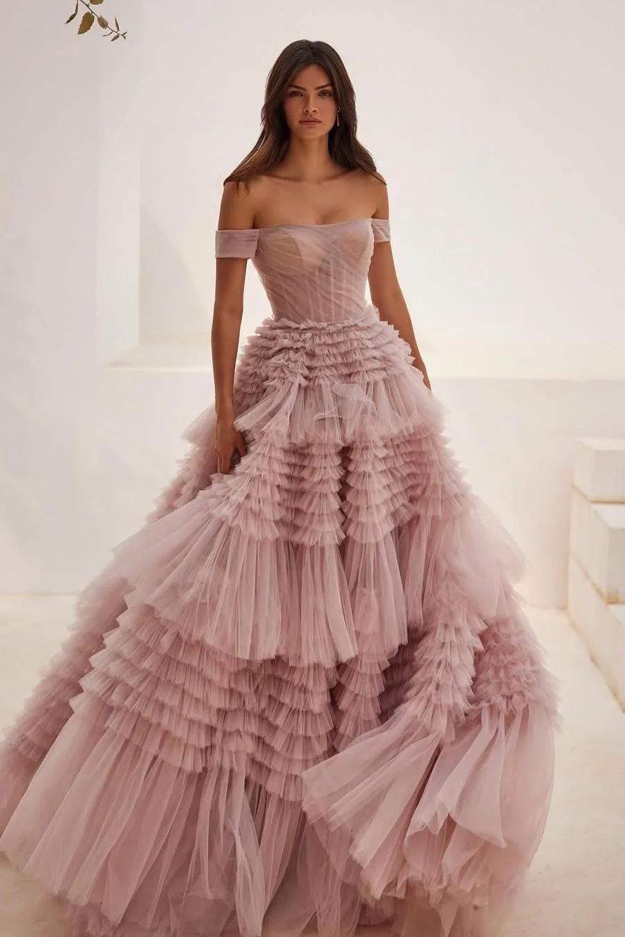 Miabel Amazing Blushing Pink Tulle Off the Shoulder Strapless Puffy Prom Dress with Ruffles 