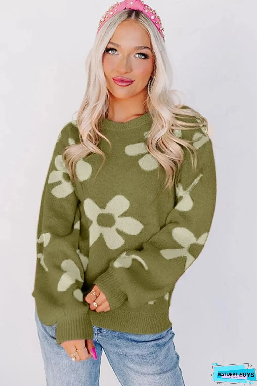 Spinach Green Big Flower Knit Ribbed Trim Sweater