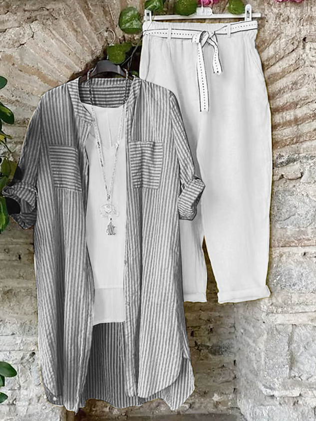 Cotton leprosy holiday striped shirt coat vest pants three-piece set with belt