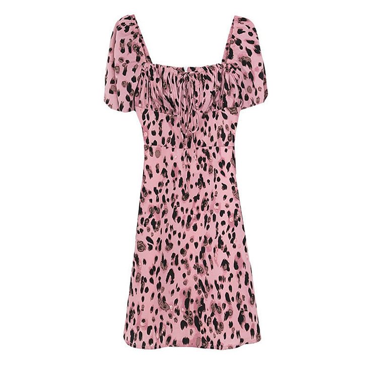 Leopard Print Square Collar Dress - Modakawa modakawa