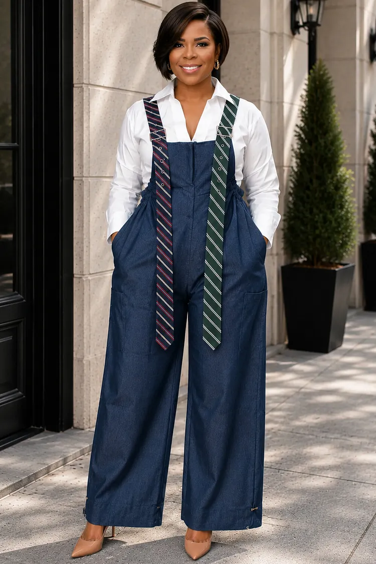 Xpluswear Design Plus Size Business Casual Blue Pocket Tencel Denim Jumpsuits(Without Blouse) [Pre-Order] 2024 - Xpluswear