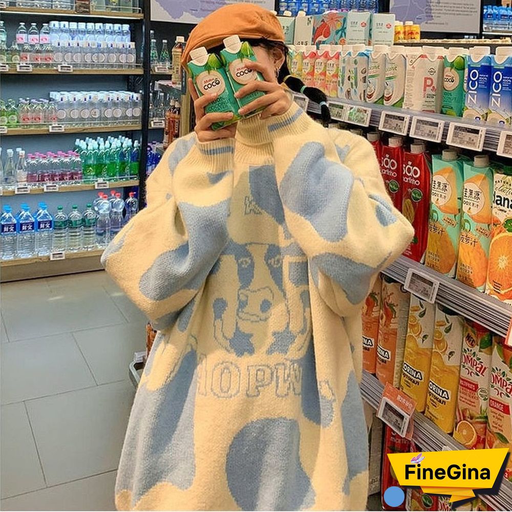Korean Style Cow Print Knitted Sweater Women Preppy Fashion Cute O-Neck Long Sleeve Oversize Jumper Pullover Female