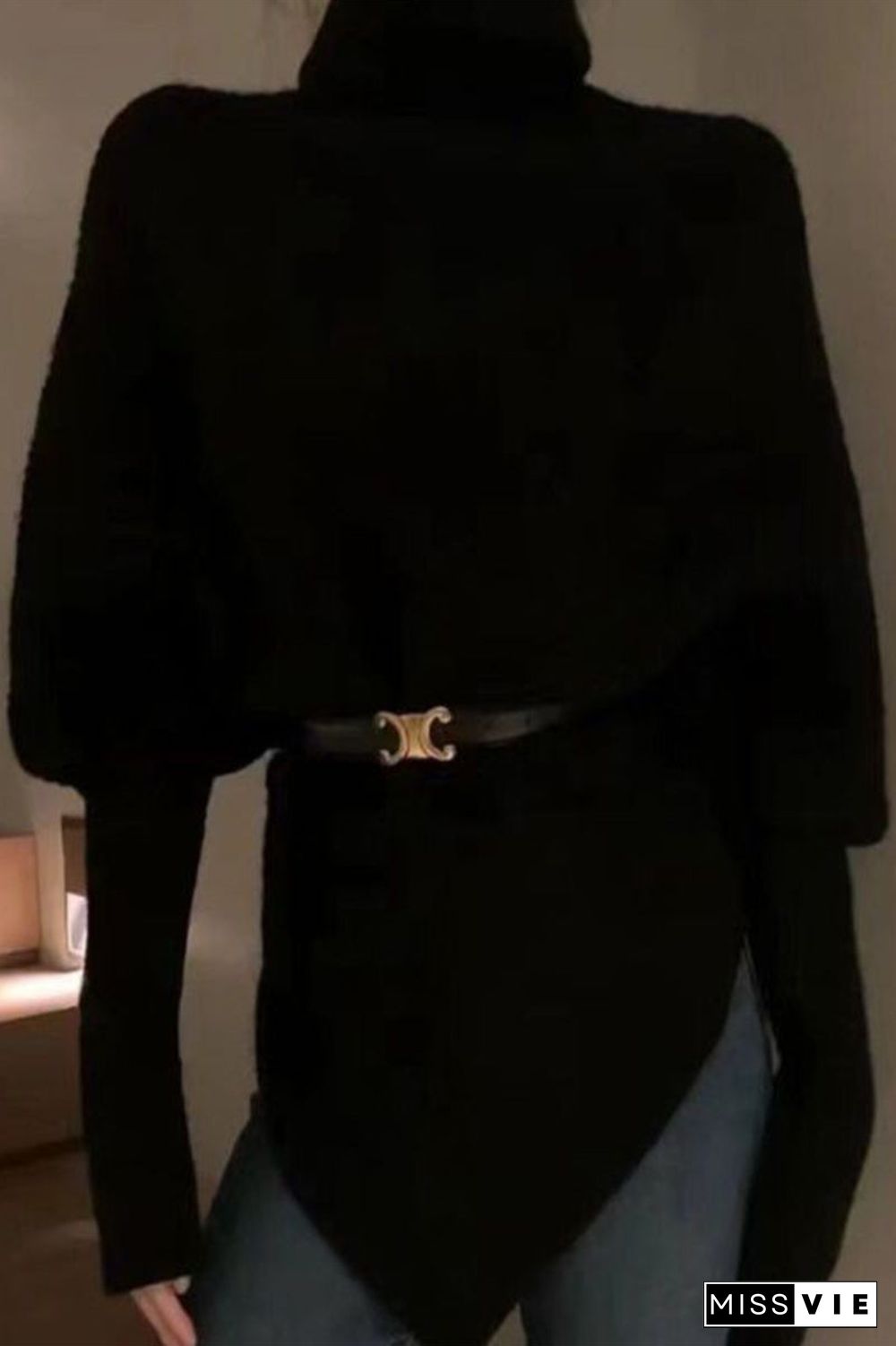 Casual Solid Asymmetrical Turtleneck Tops