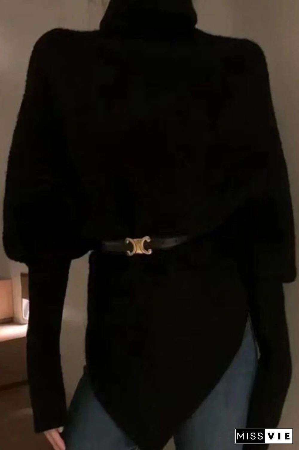 Casual Solid Asymmetrical Turtleneck Tops