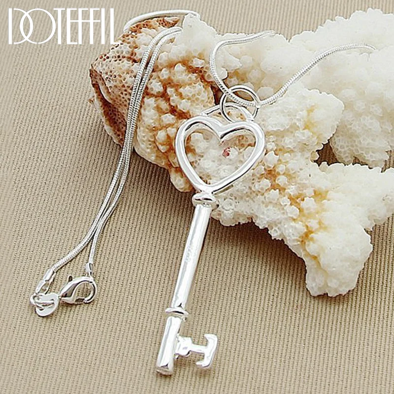 DOTEFFIL 925 Sterling Silver Heart Key Pendant Necklace 18 inch Snake Chain For Woman Jewelry