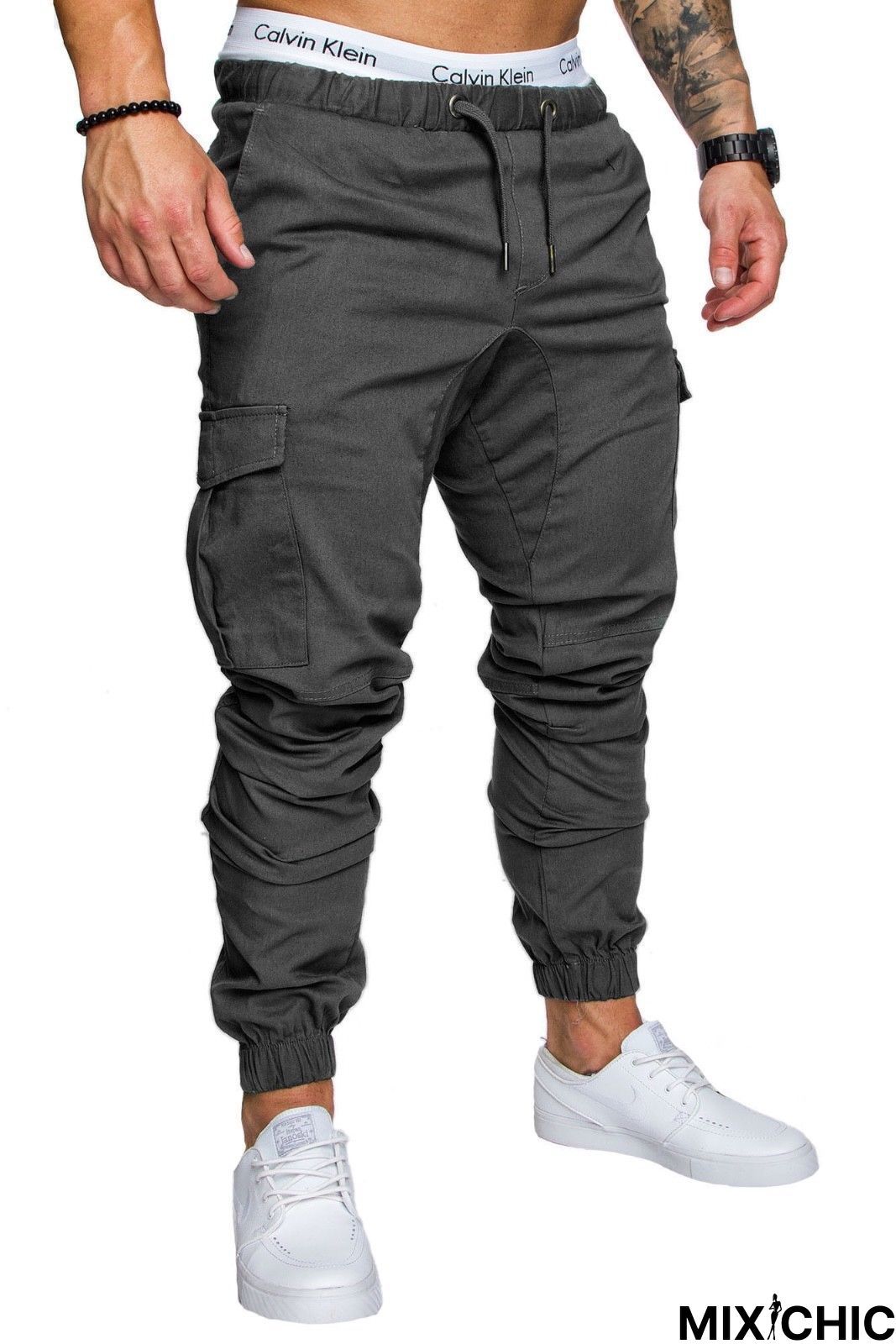 Men Casual Joggers Solid Color Pants Cotton Elastic Long Trousers