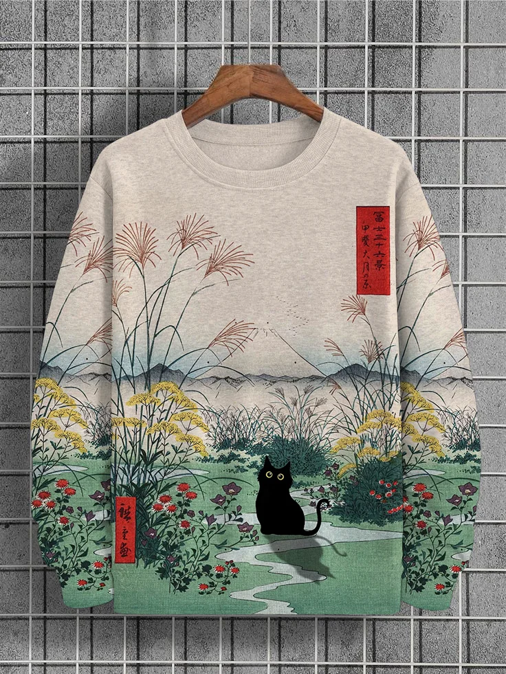 Men's Japanese Cat Print Edo Period Mount Fuji Print Casual Sweatshirt