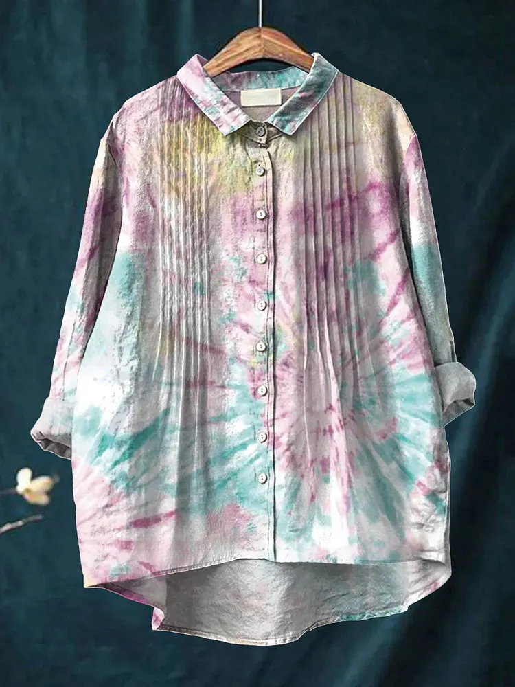 Women's Tie Dye Print Casual Cotton And Linen Ruffle Shirt