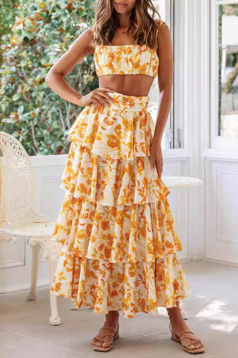 Sexy Vacation Floral Backless Flounce Strapless Sleeveless Two Pieces