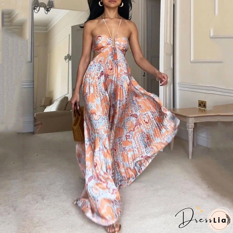 Summer New Print Sexy Hanging Neck High Grade Elegant Backless Pleated Dress