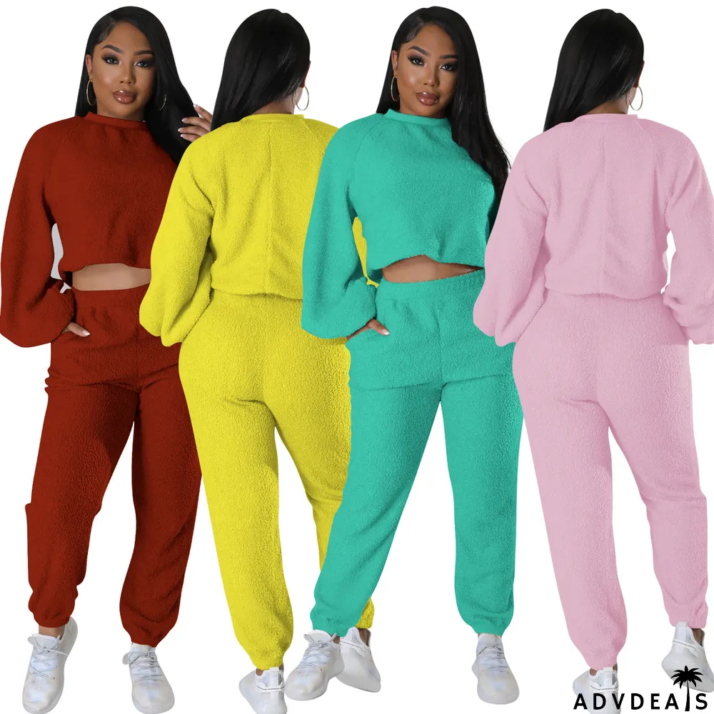 Fashion Casual Solid Color Fleece Two-piece Suit