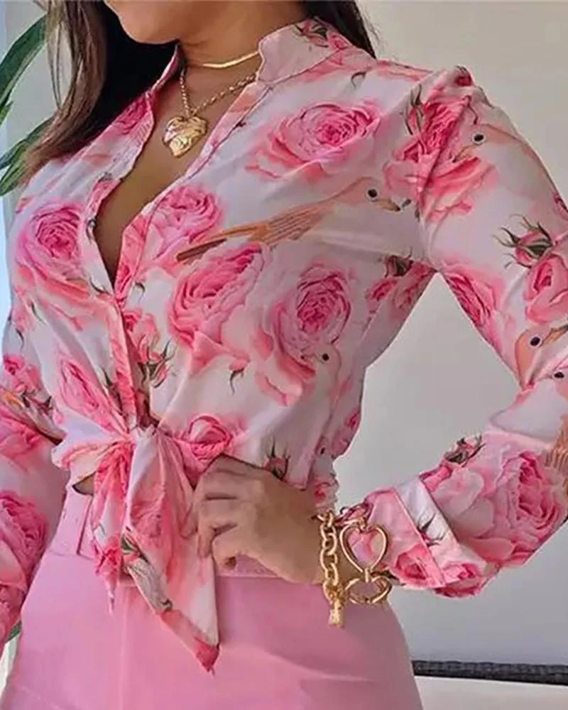 Casual Two Piece Printed Long Sleeve Shirt & Solid Shorts