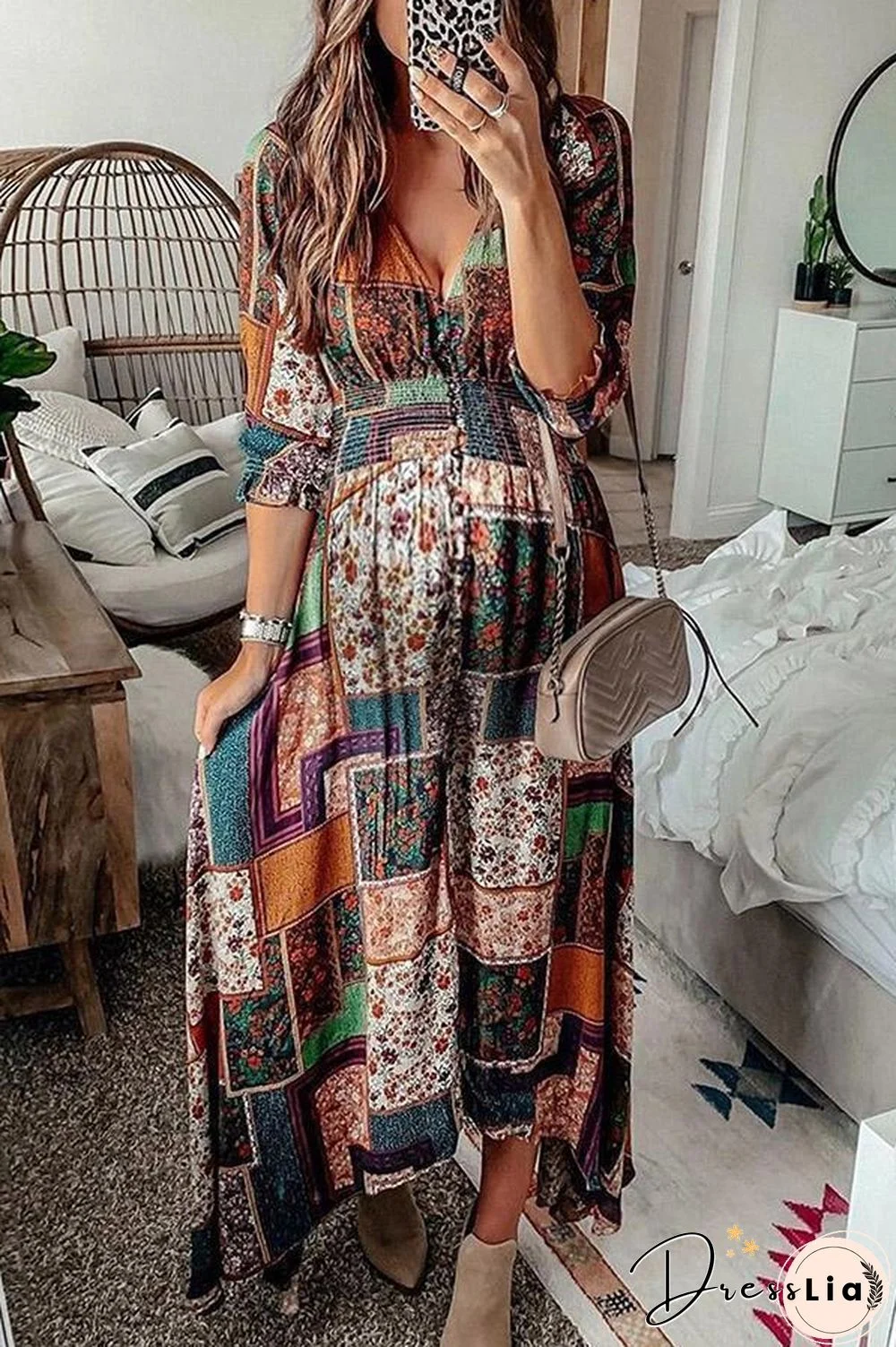 V-neck Printed Boho Long Dress P16291