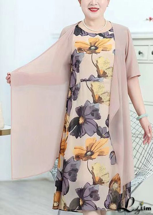Chic Pink O-Neck Print Patchwork Chiffon Two Piece Suit Summer