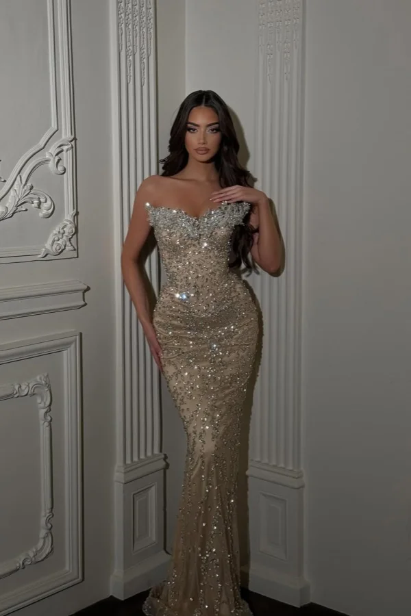 Elegant Champagne Straight Across Rhinestone Sheath Mermaid Prom Dress YK0089