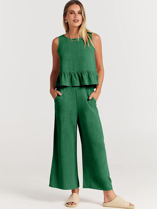 Mature Women Casual Summer Sleeveless Pleated Vest Wide-leg Cropped Pants Suit