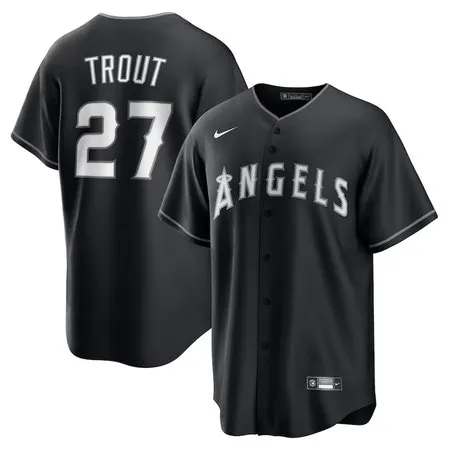 Youth Los Angeles Angels #27 Mike Trout  Black Lights Out Replica Player Jersey
