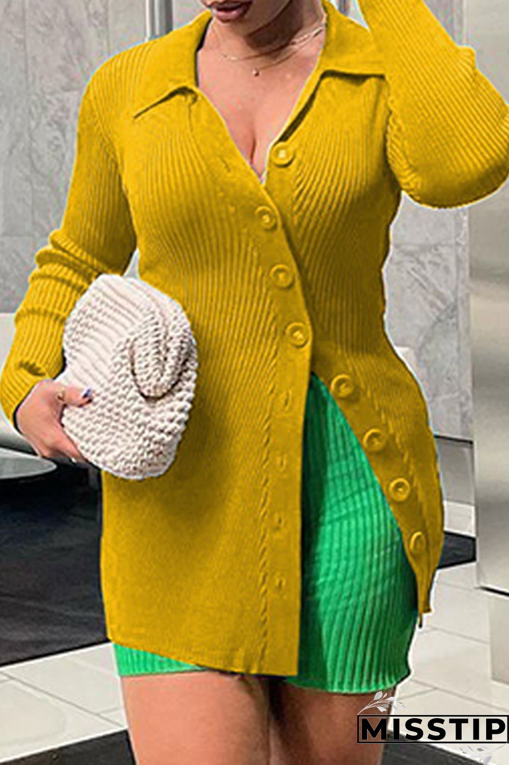 Earth Yellow Casual Solid Patchwork Buttons Turndown Collar Tops