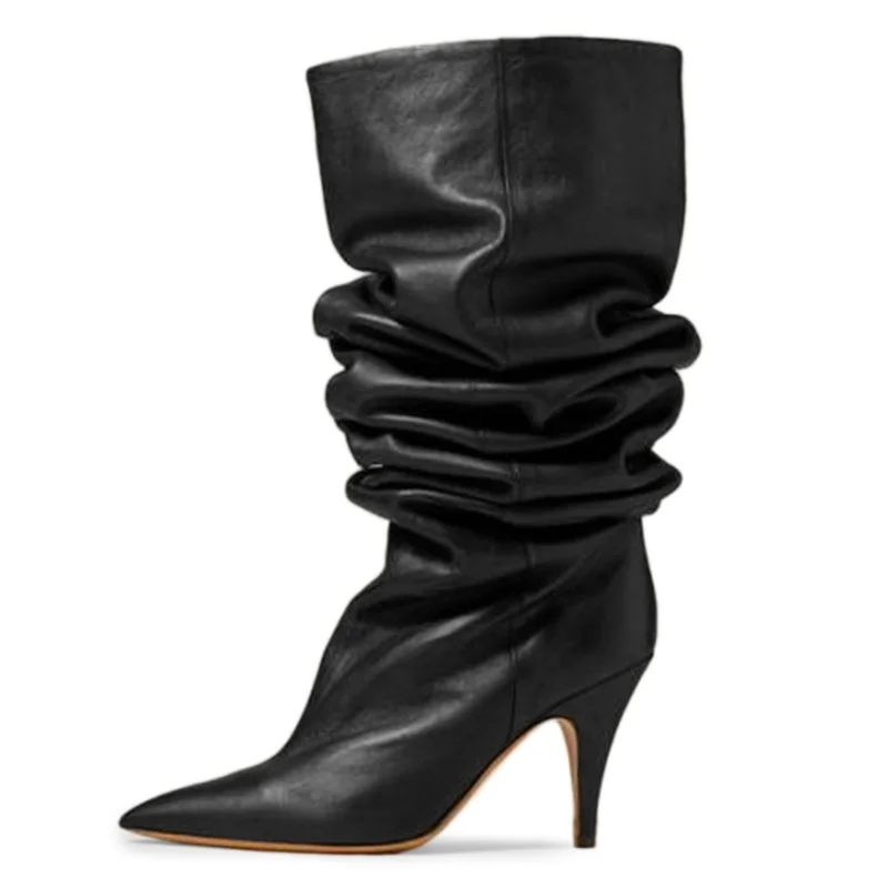 Fashion Closed Pointed Toe Slouch Knee High Heeled Boots in Black