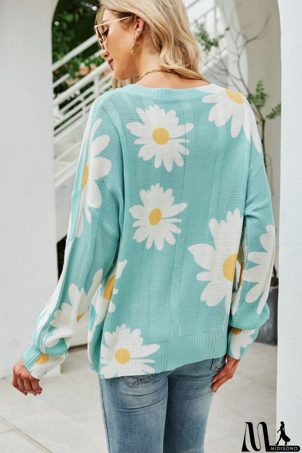 MidiSono - Daisy Print Openwork Round Neck Sweater