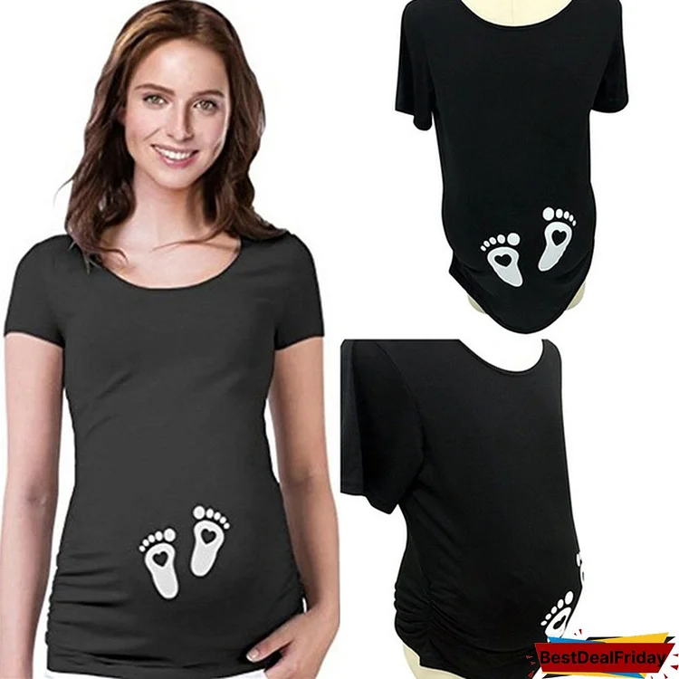 Pregnant Women Trousers Short Sleeve T-shirt Baby Feet Heart Printed Plus Size Pregnancy Maternity Clothes Cartoon Pattern Tees