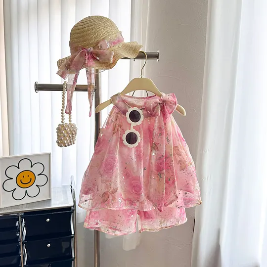 【18M-7Y】Girls' Princess Style Printed Top + Shorts + Straw Hat 3-Piece Set