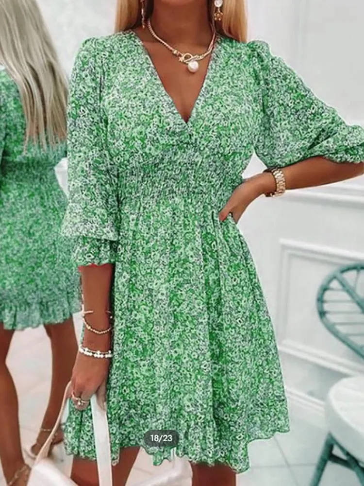 Elegant V Neck Elastic Waist Ladies Party Dress Women Long Sleeve Sexy Ruffles Mini Dress 2022 Summer Casual Print Dress Vestido