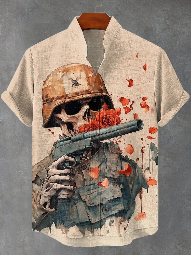Men's Skeleton Soldier Shoot Flowers Print Shirt
