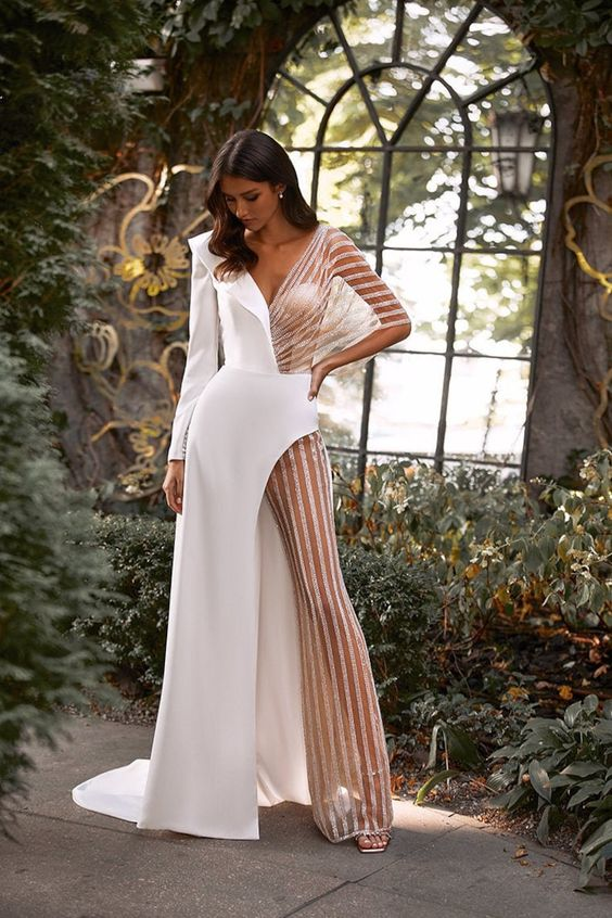 Lvs&Broner Patchwork White V Neck Long Sleeves High Waist Long Wid-Leg Jumpsuit with Tulle