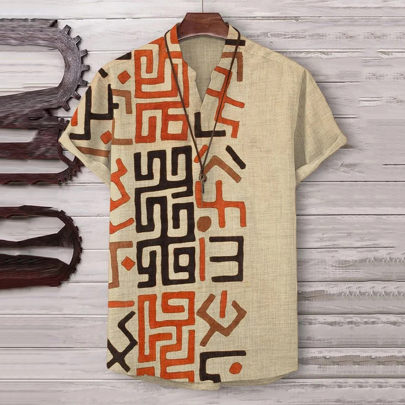 Men's African Traditional Pattern Print Short Sleeve V Neck T-shirt